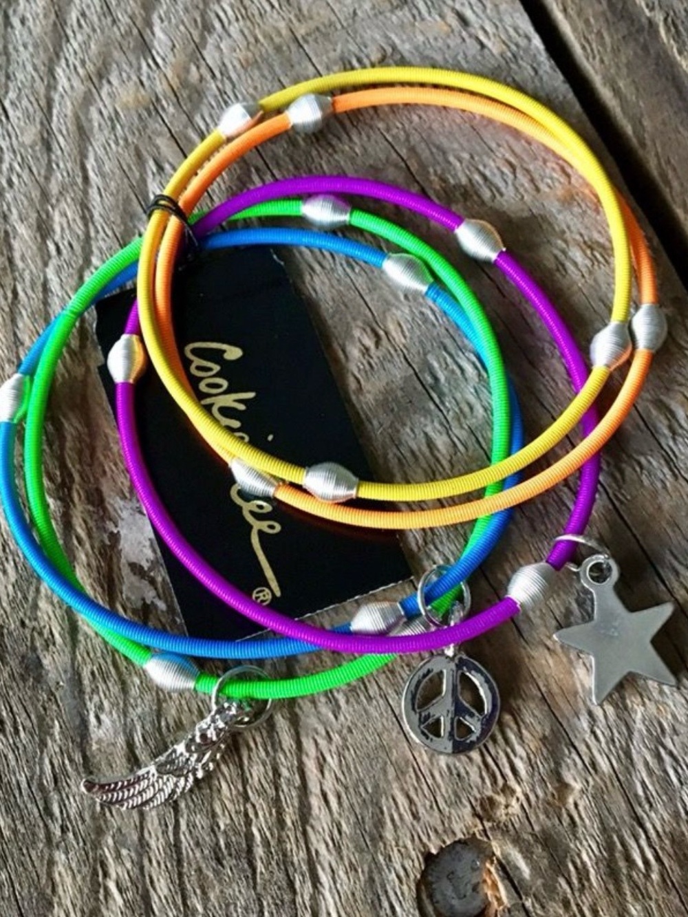 Cookie Lee Girls Multicolor Charm Stretch Bracelets - Star, Feather & Peace Set